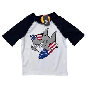 NWT Children's Place White W/ Shark Americana Shark Surf Rashguard